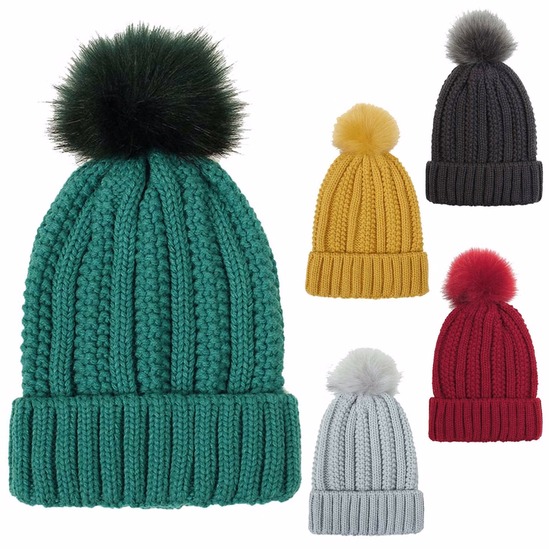 Knitted Ribbed Wool Ball Hat