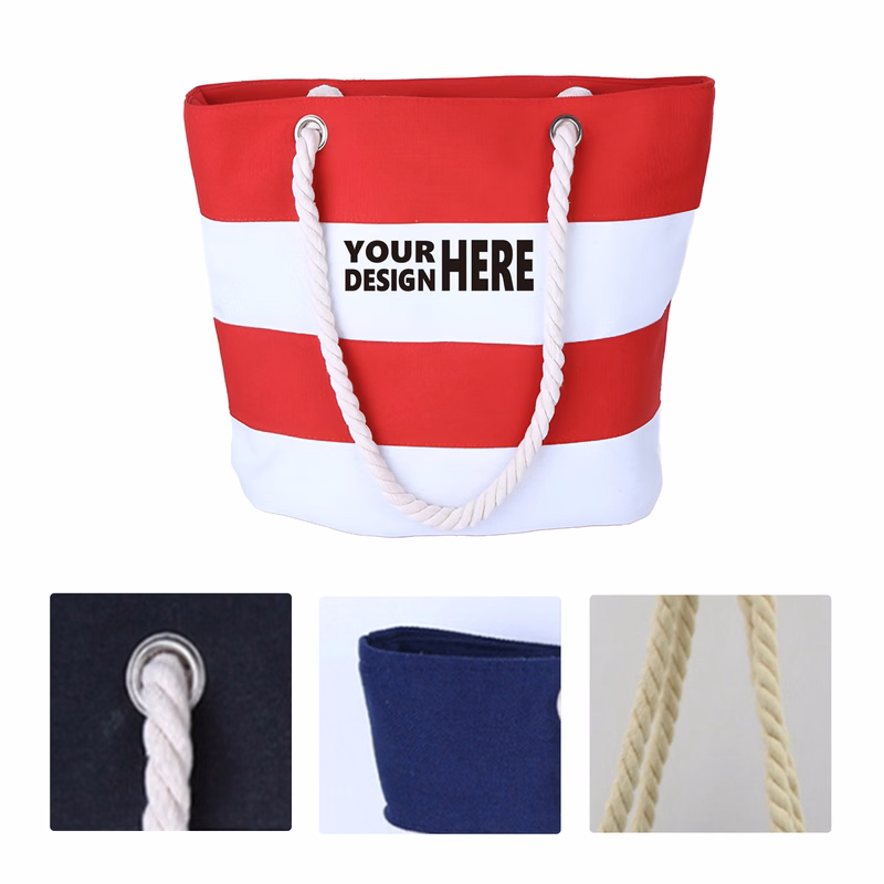 MOQ50 Personalized Striped Canvas Tote Bag For Beach