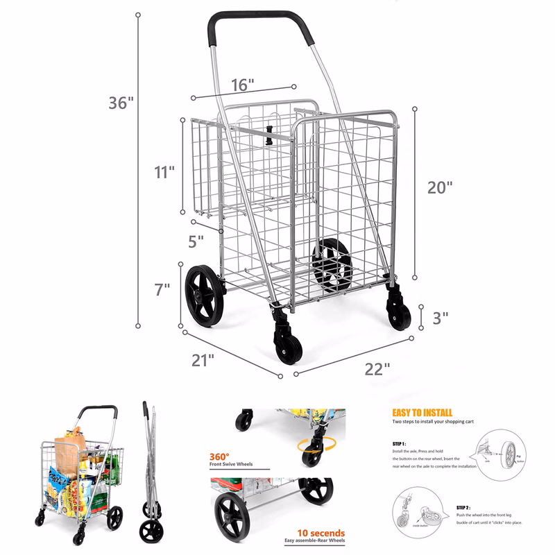 Shopping Trolley Double Basket Grocery Multi-functional Foldable Cart