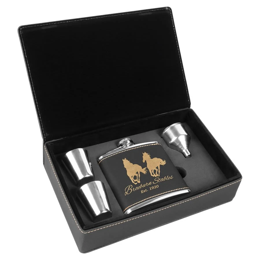 6 oz. Black/Gold Leatherette Flask Gift Set, custom water bottle with logo imprint 1