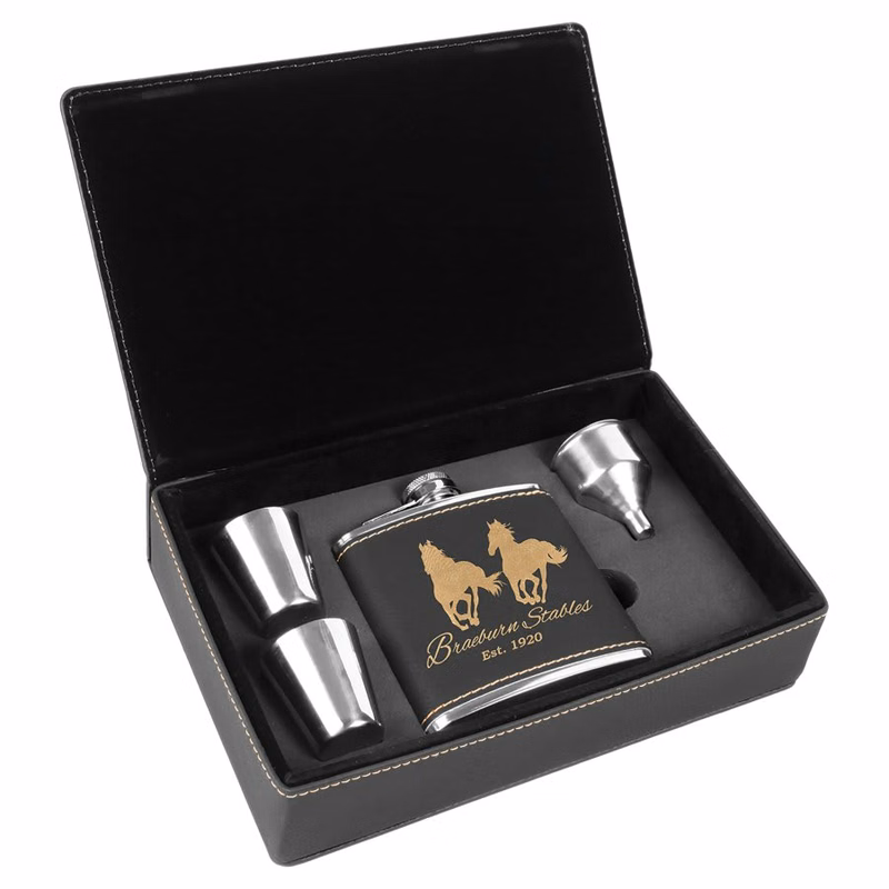 6 oz. Black/Gold Leatherette Flask Gift Set