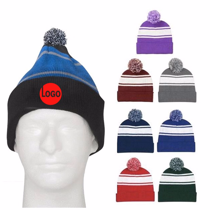 Two-Tone Knit Cuff Pom Beanie Cap