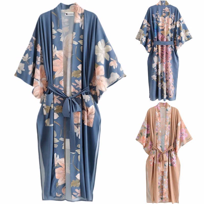 Summer Polyester Peacock Floral Print Kimono Robe