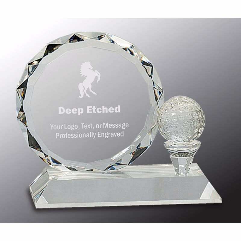 5 1/4" Round Facet Crystal Award with Golf Ball on Clear Pedestal Base