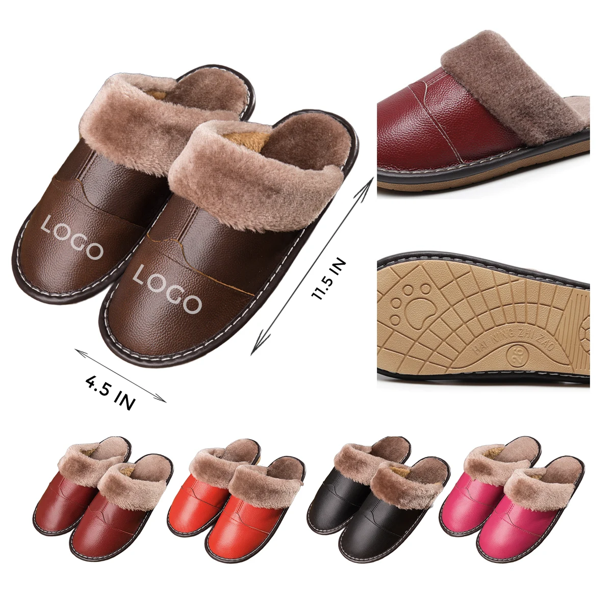 MOQ 10 PCS Durable Winter Genuine Leather Warm Slippers 1