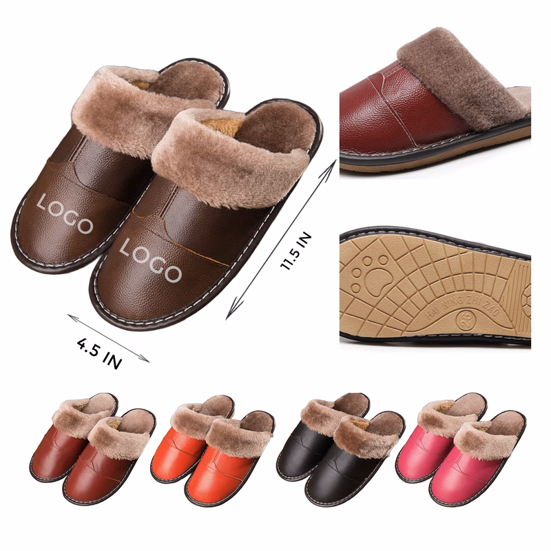 MOQ 10 PCS Durable Winter Genuine Leather Warm Slippers
