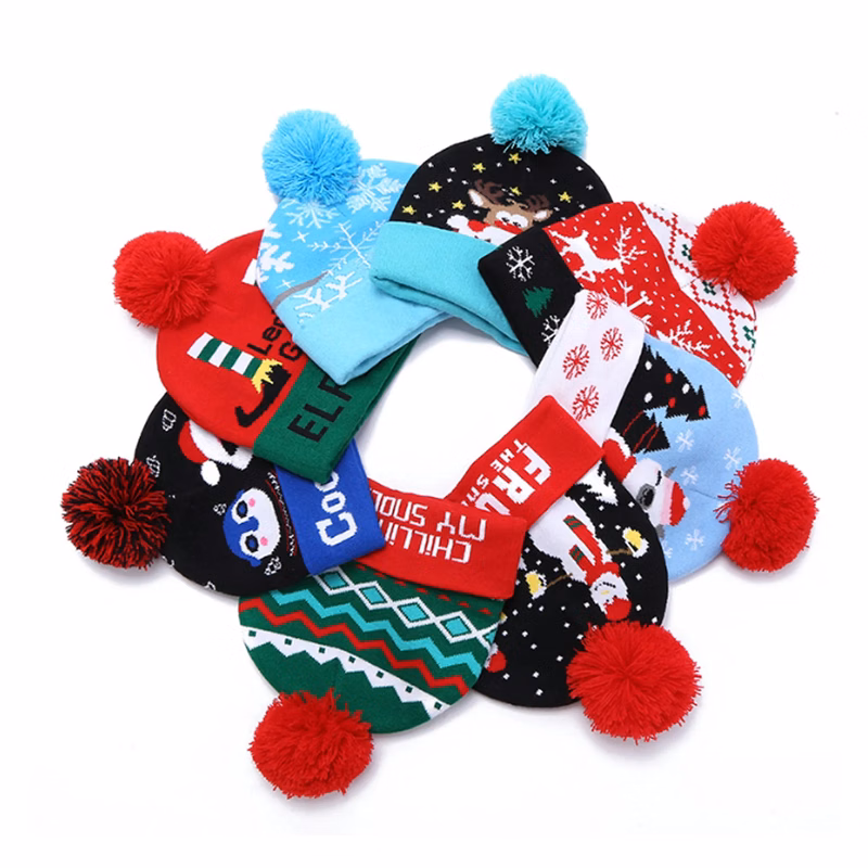 MOQ100 Party Christmas Knit Hat Plush Warm Beanie