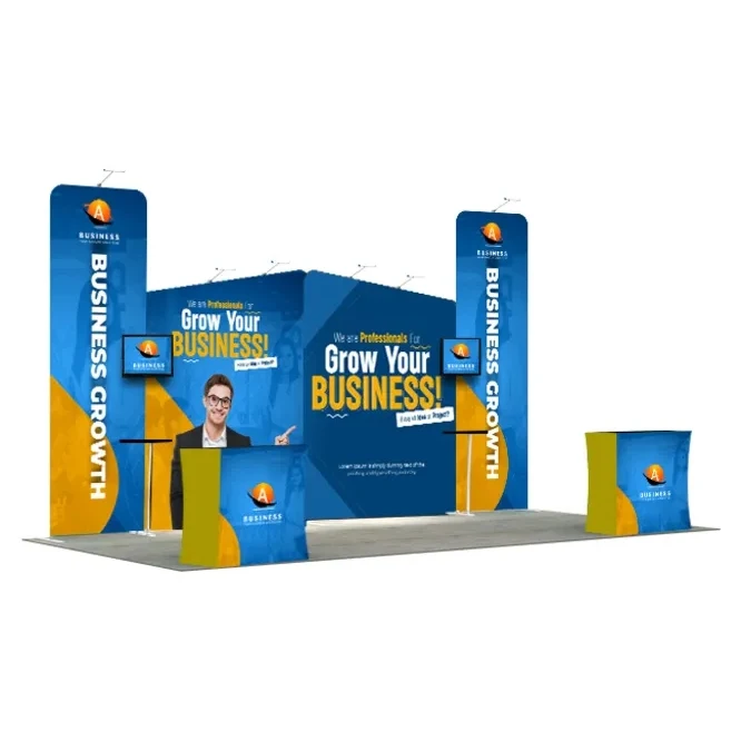 20ft Inline Trade Show Booth – Backwall Display with Counters & Branding Panels 1