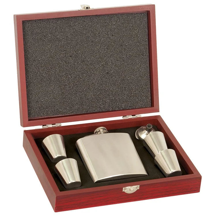 Rosewood Finish Stainless Steel Flask Set (engraved plate), custom water bottle with logo imprint 1