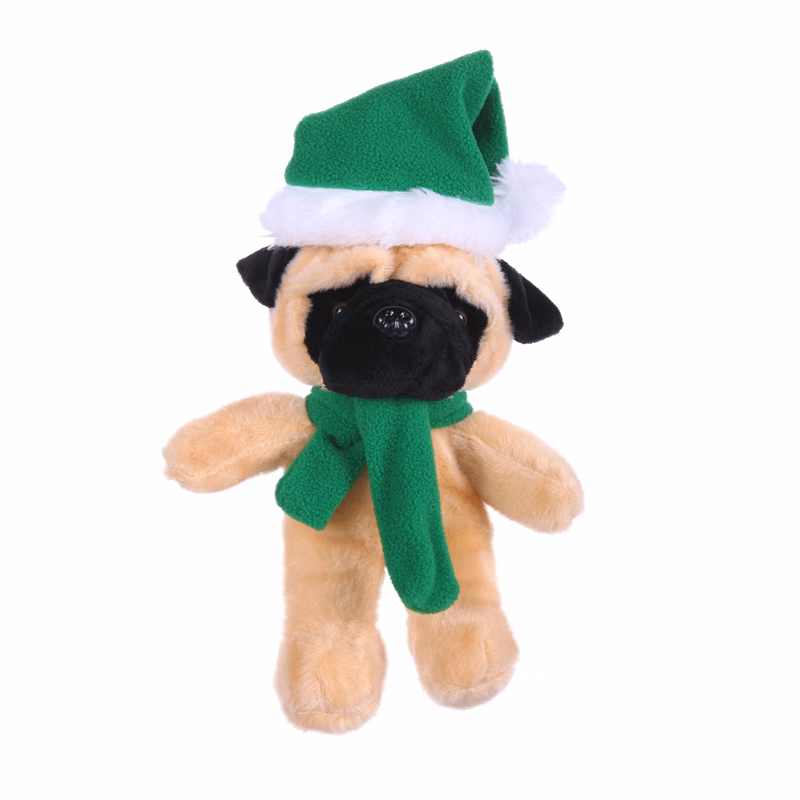 Soft Plush Stuffed Pug with Christmas Hat and Scarf