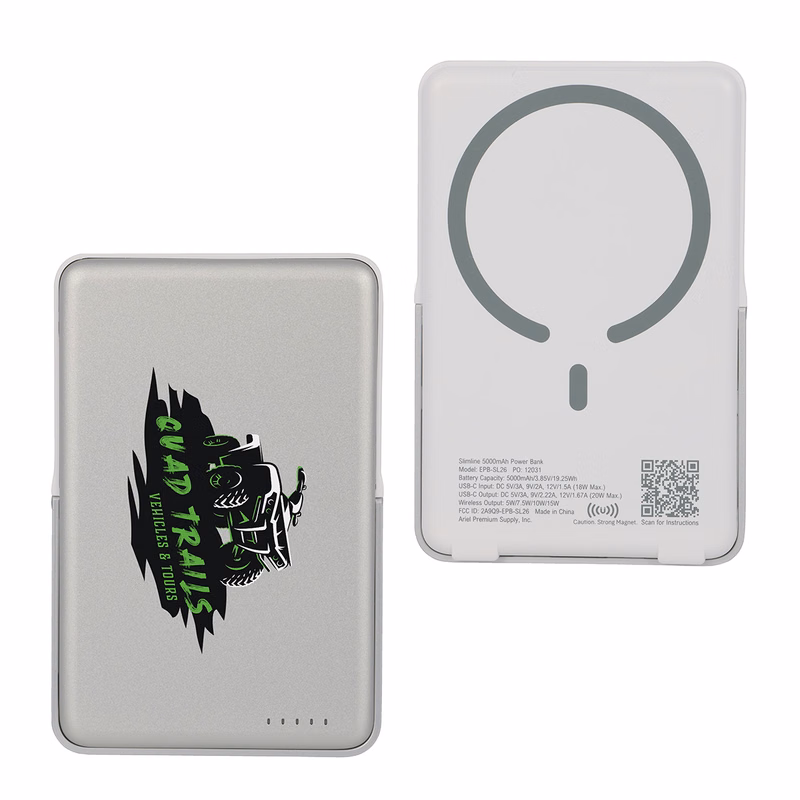 Slimline 5000mAh 20W PD Aluminum Power Bank with 15W Magnetic Wireless Charger & Stand