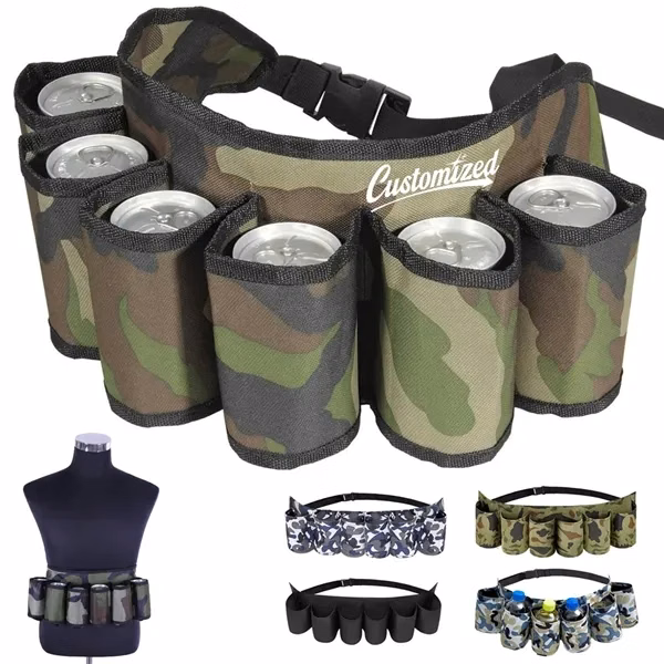 Custom Six-Can Beverage Belt with Adjustable Strap & Camo — Party Accessory