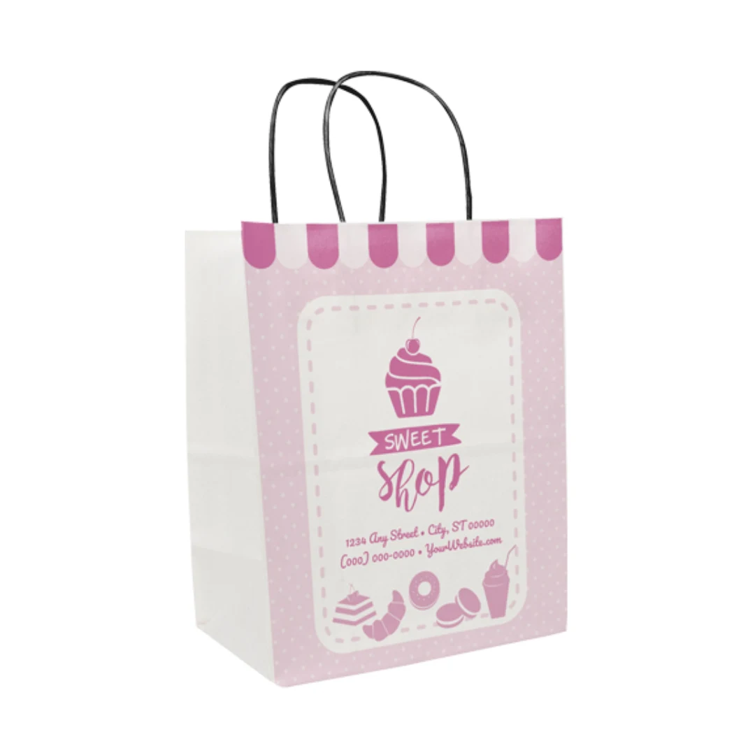 One Color 1-Sided White w/ Black Handle Shopper Paper Bags (8"x 10.25"x 5") 1