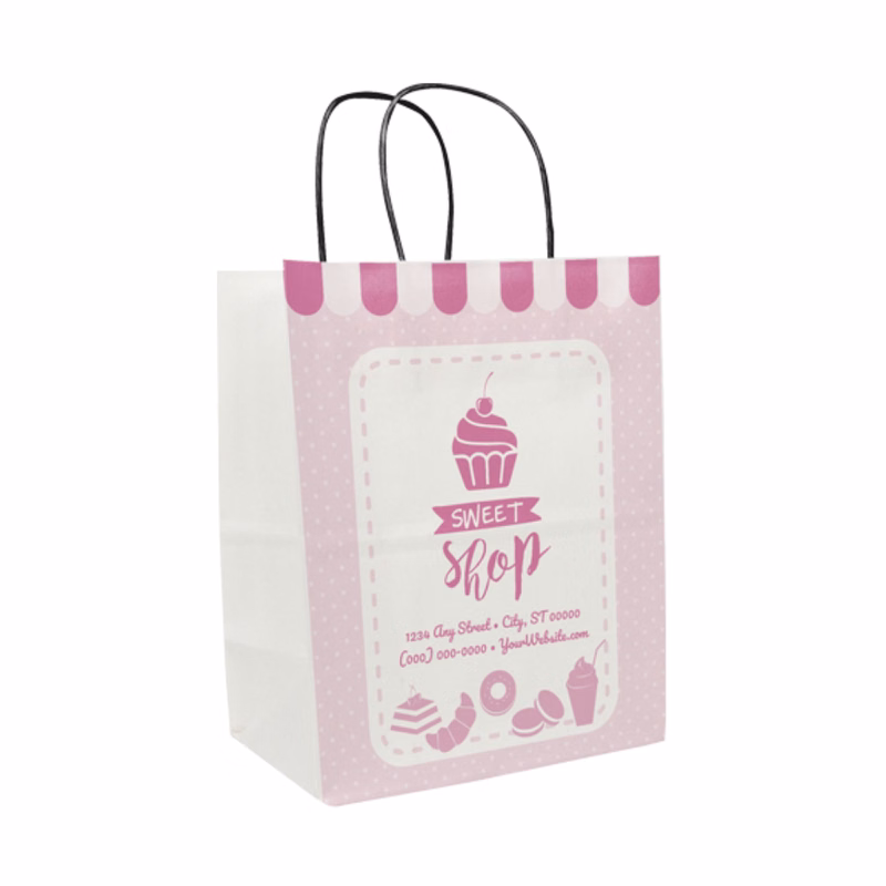 One Color 1-Sided White w/ Black Handle Shopper Paper Bags (8"x 10.25"x 5")