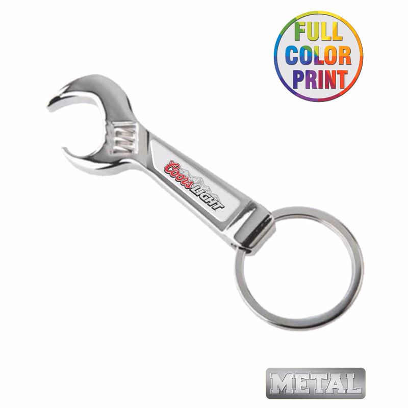 Metal Wrench Beer Bottle Opener Keychain -Full Color Dome