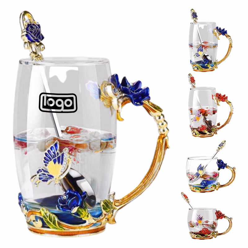 10/11oz Enamel Rose Butterfly Glass Mug Tea Cup w/ Spoon