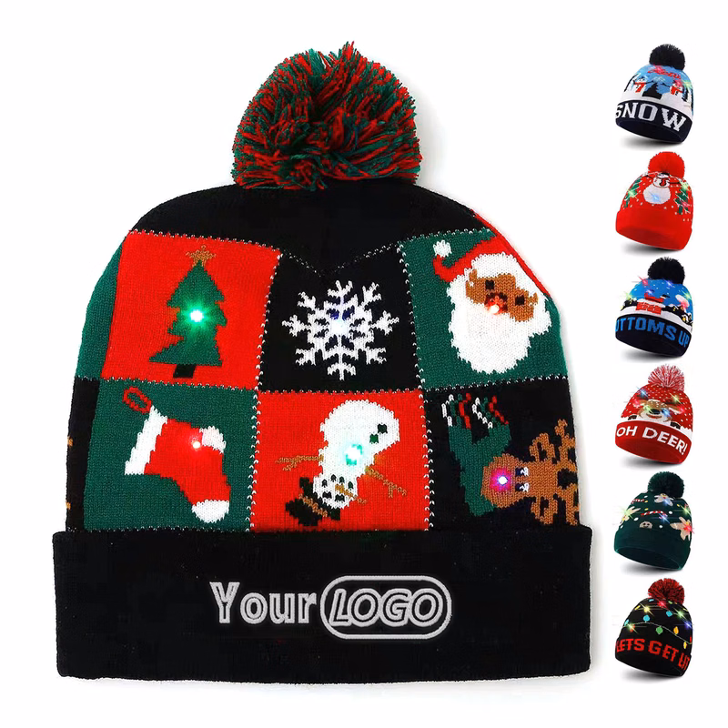Christmas LED Knitted Beanie Hat With Festive Topper
