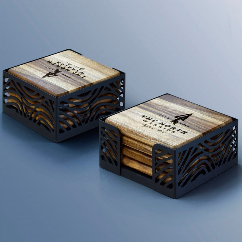 Acacia Wood Coaster: 4 Piece Set with Black Metal Stand
