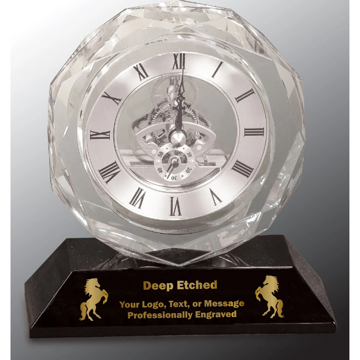 5 3/4" Clear Crystal Clock on Black Pedestal Base Crystal Award 1