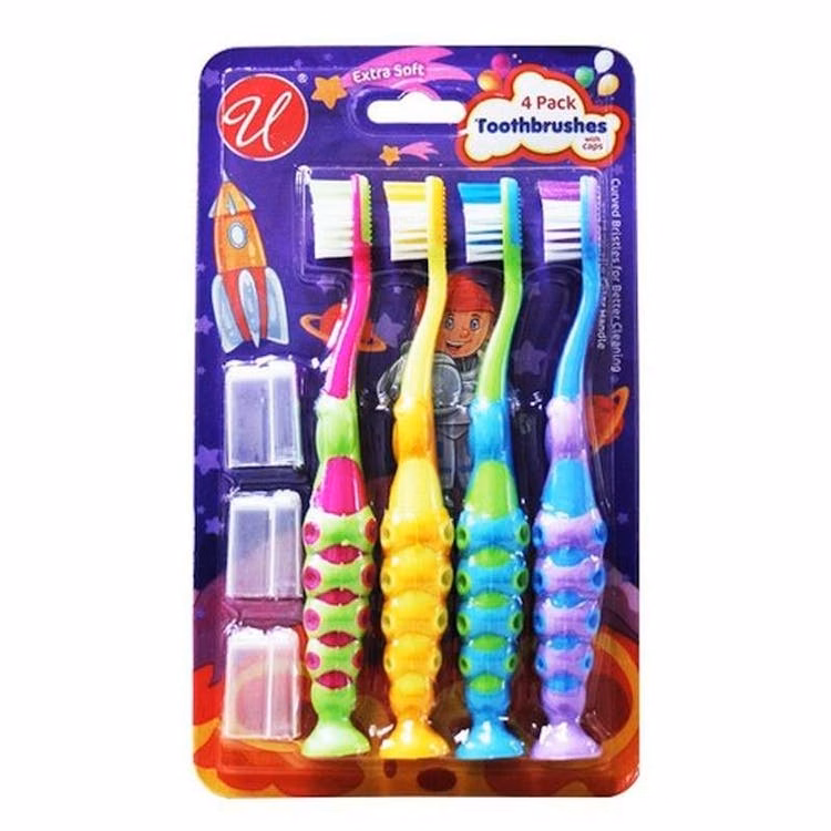 Kids' Toothbrushes with 3 Caps - 4 Pack Assorted Colors