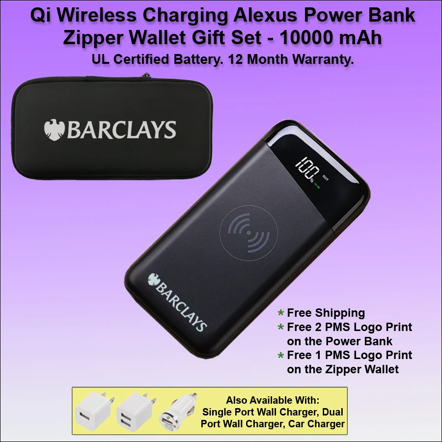 Qi Wireless Charging Alexus Power Bank Zipper Wallet Gift Set 10000 mAh - Black 1