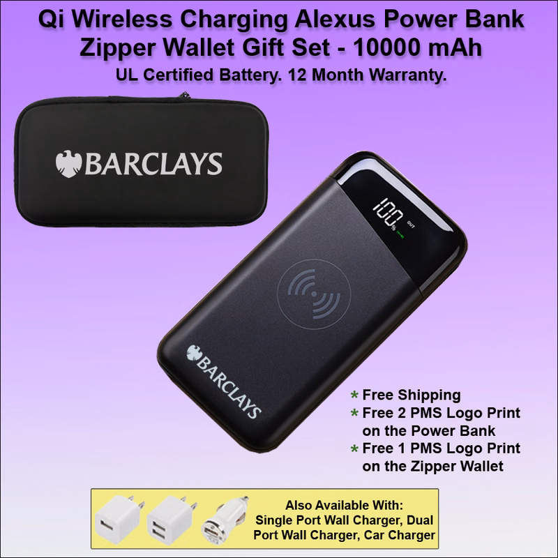 Qi Wireless Charging Alexus Power Bank Zipper Wallet Gift Set 10000 mAh - Black