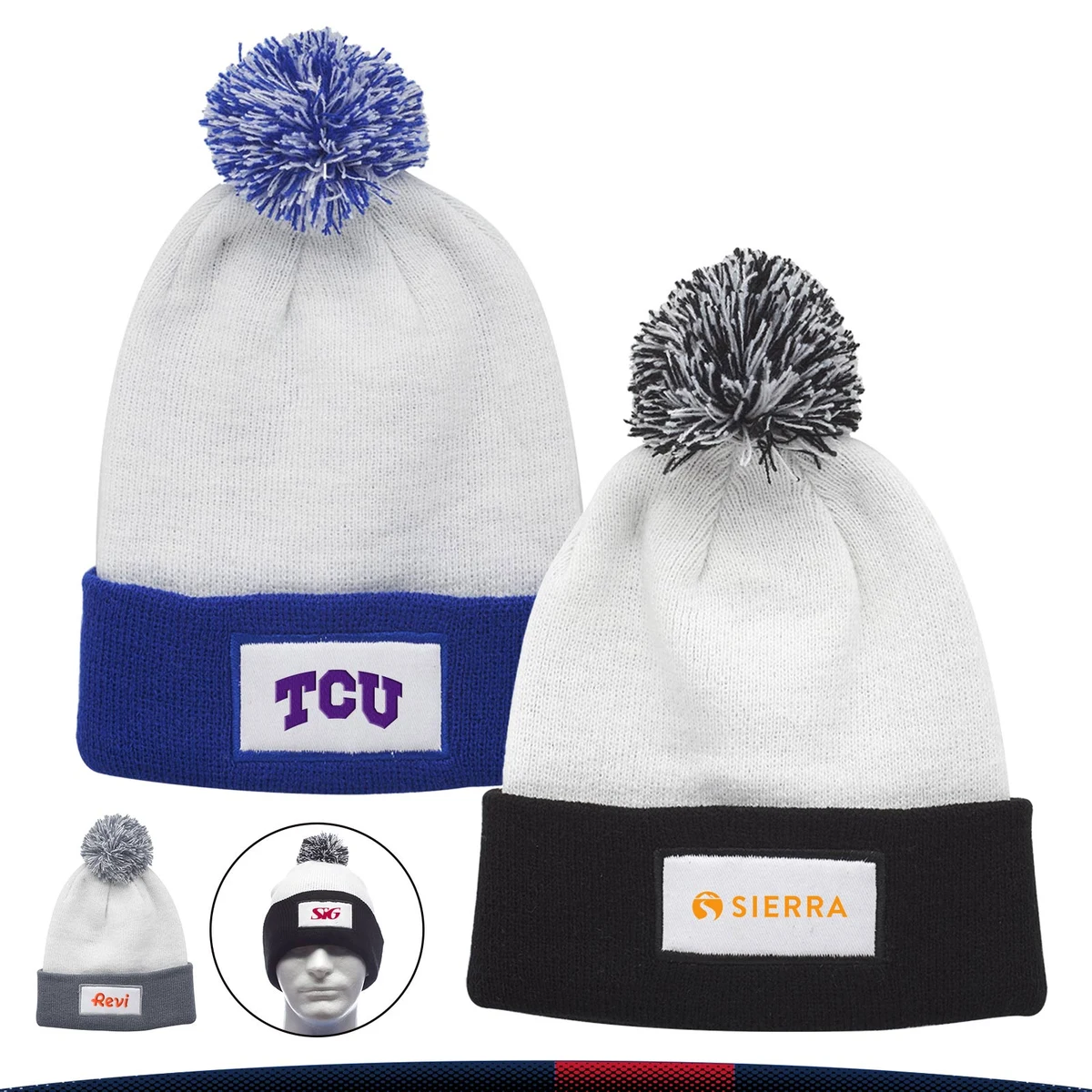 Haines Two-Tone Knitted Pompom Beanies 1