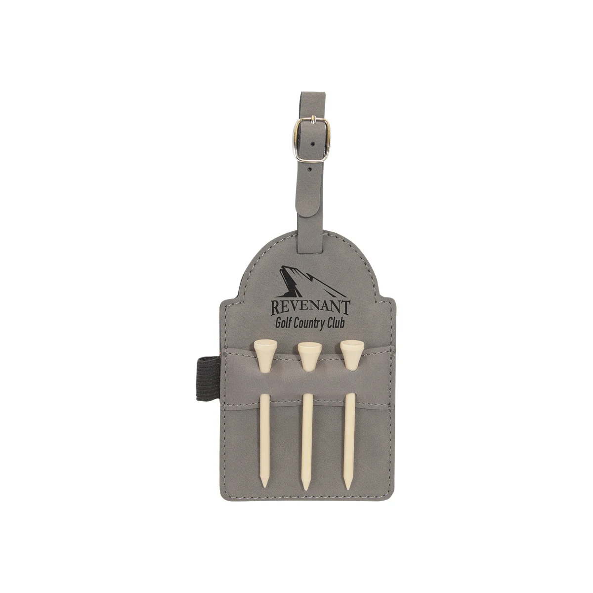 3" x 5" Gray Leatherette Golf Bag Tag w/ 3 Wooden Tees 1