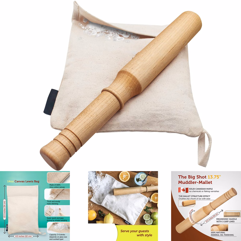 Wooden Mojito Muddler Bar Tool Ice Crusher & Canvas Bag Set