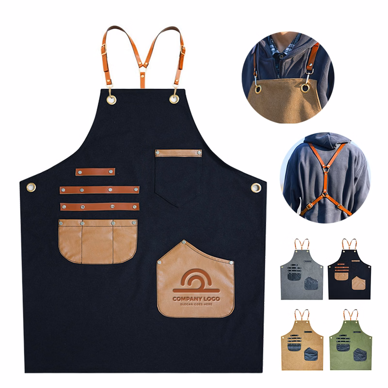 Heavy-Duty Canvas & Leather Accent Work Apron With Multi-Pockets