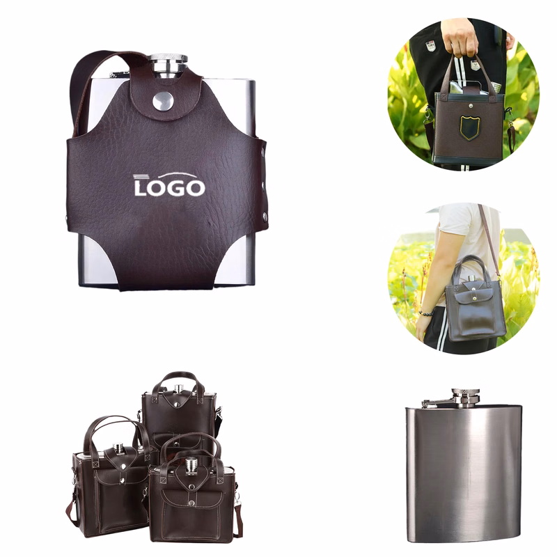 MOQ25 Portable Stainless Steel Flask with Leather Case