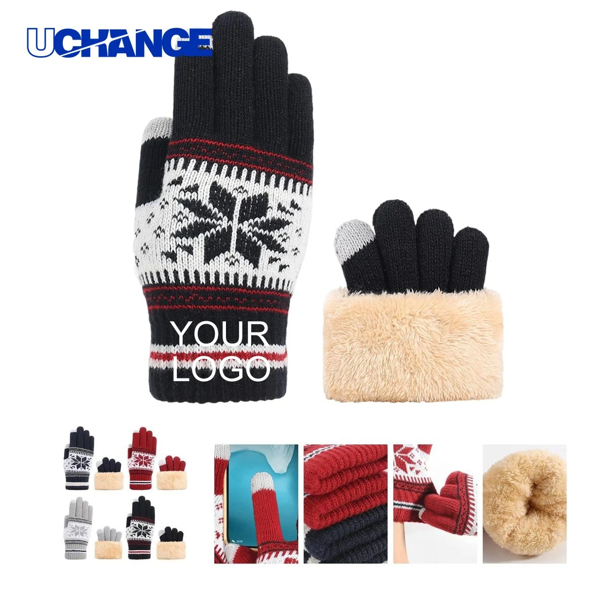 Custom Touchscreen Gloves Pair with Snowflake Print and Logo Imprint 1