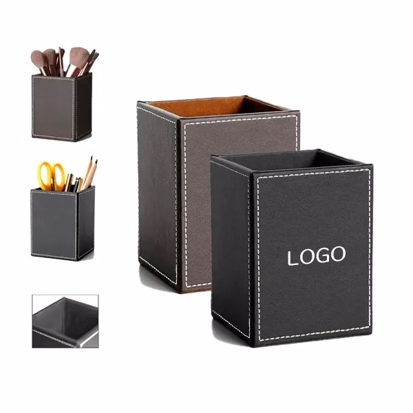 Square PU Leather Pen Holder with Desk Organizer Cup