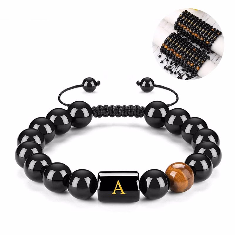 Men's Black Agate Letter Beaded Bracelet