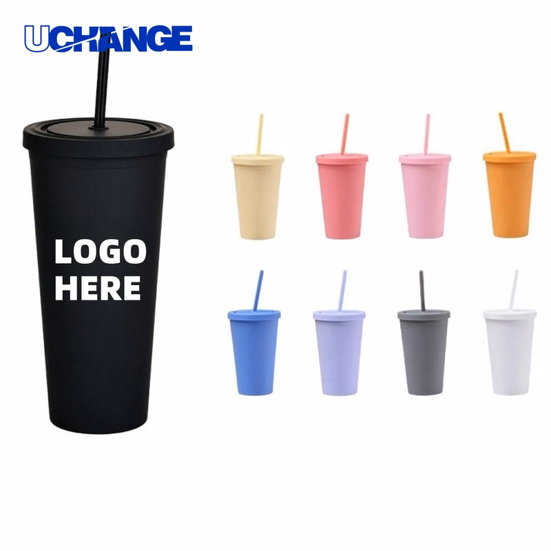 Double Plastic Straw Cup Container (16oz)