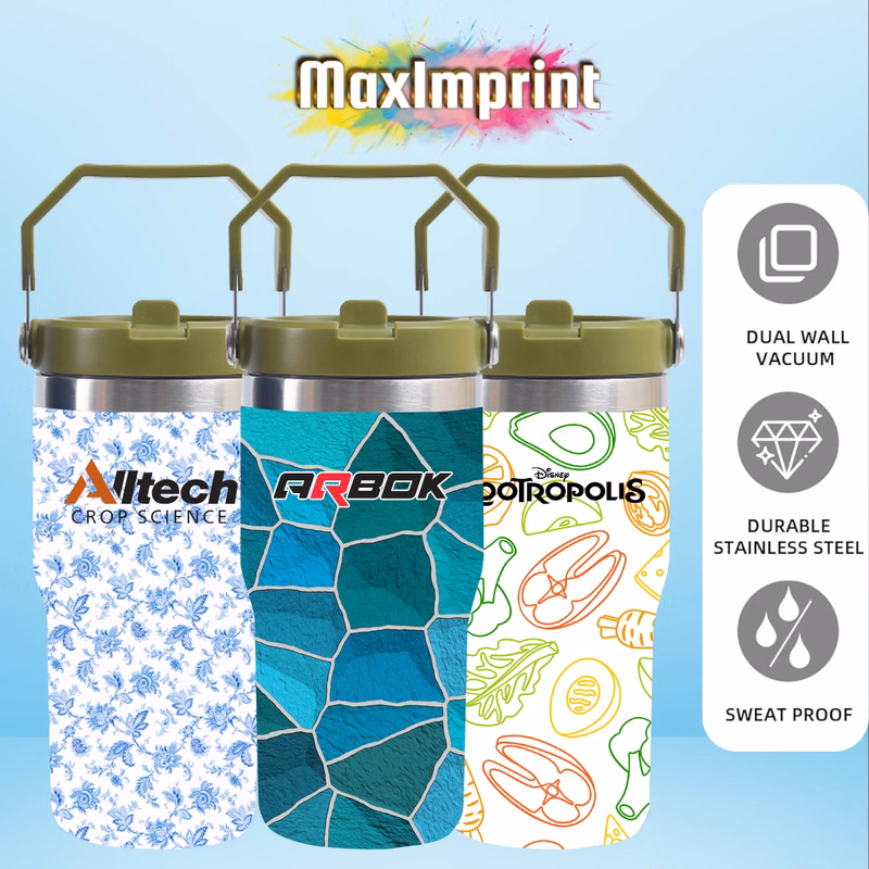 MaxImprint 30oz Stainless Steel Car Tumbler with Handle Full Wrap Full Color Imprint Included