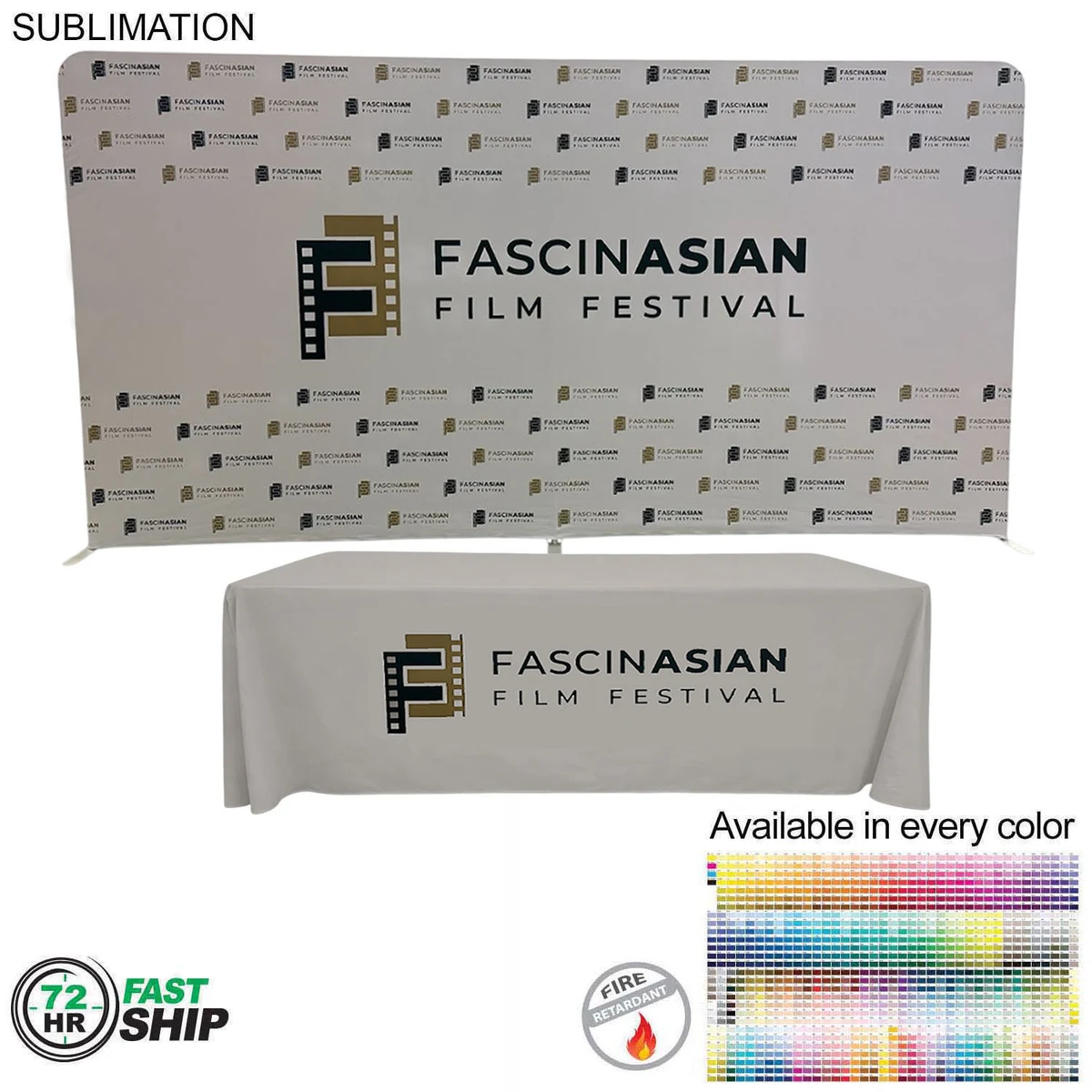 72Hr Fast Ship - Tradeshow Booth Package, 15' EuroFit Tension Fabric Wall & PREMIUM 8' Tablecloth 1