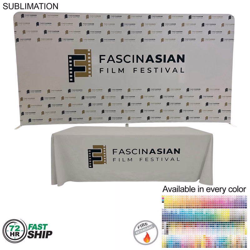 72Hr Fast Ship - Tradeshow Booth Package, 15' EuroFit Tension Fabric Wall & PREMIUM 8' Tablecloth