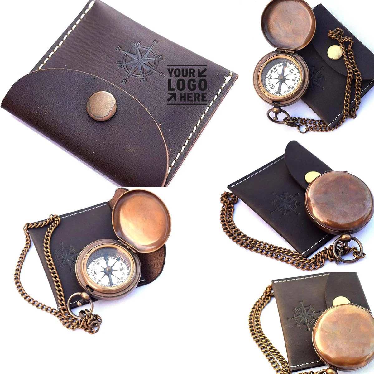 Handmade Nautical Brass Push Open Pocket Compass On Chain With Leather Case 1