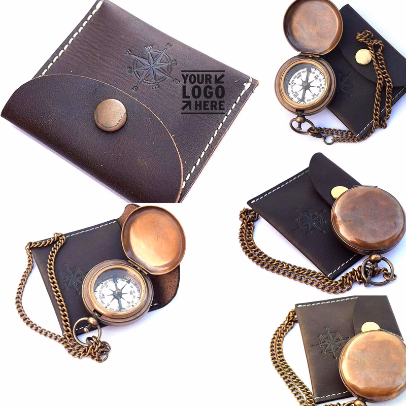 Handmade Nautical Brass Push Open Pocket Compass On Chain With Leather Case
