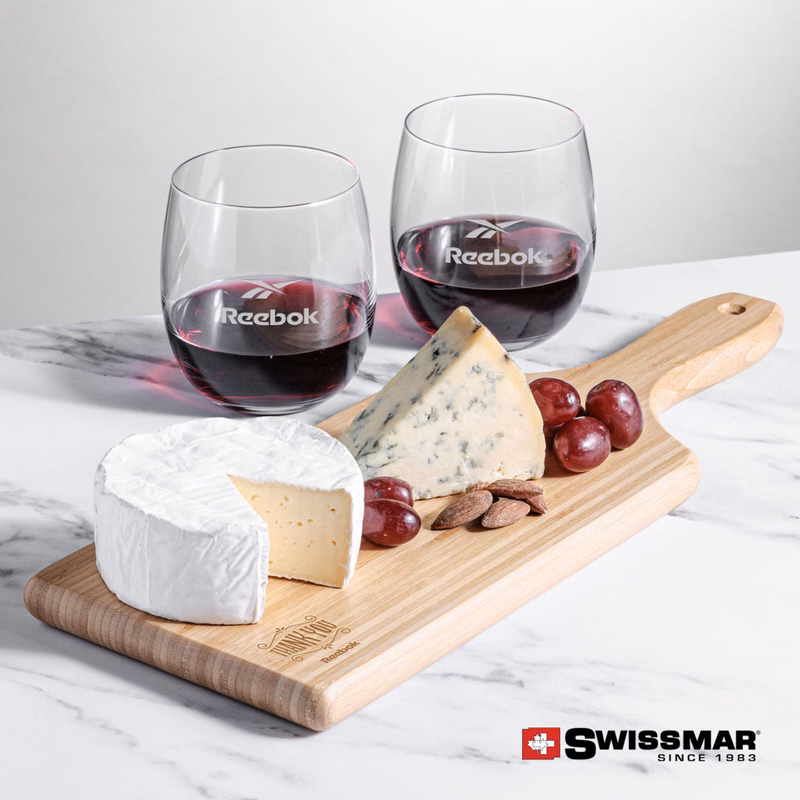 Swissmar® Bamboo Board & 2 Zacata Stemless Wine