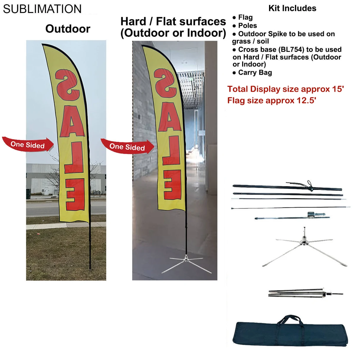 15' Large Feather Flag Kit, Full Color Graphics One Side, Outdoor Spike base, Indoor Cross Base 1