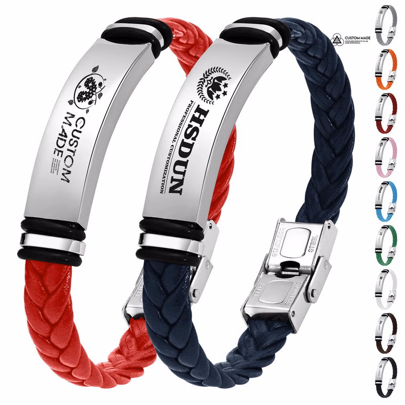 Engraved Stainless Steel Braided Leather Bracelet