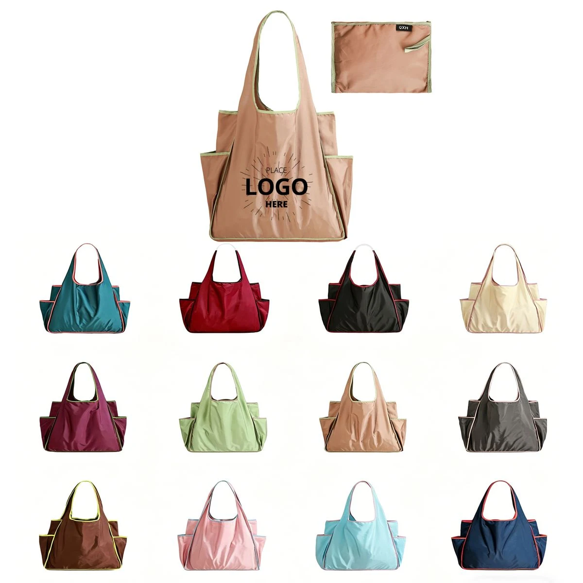 Polyester Color-Blocked Foldable Tote Shopping Bag, custom tote bag with logo imprint 1