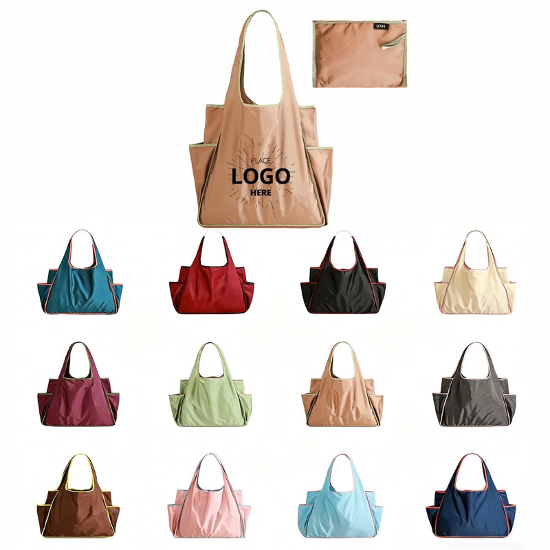 Polyester Color-Blocked Foldable Tote Shopping Bag
