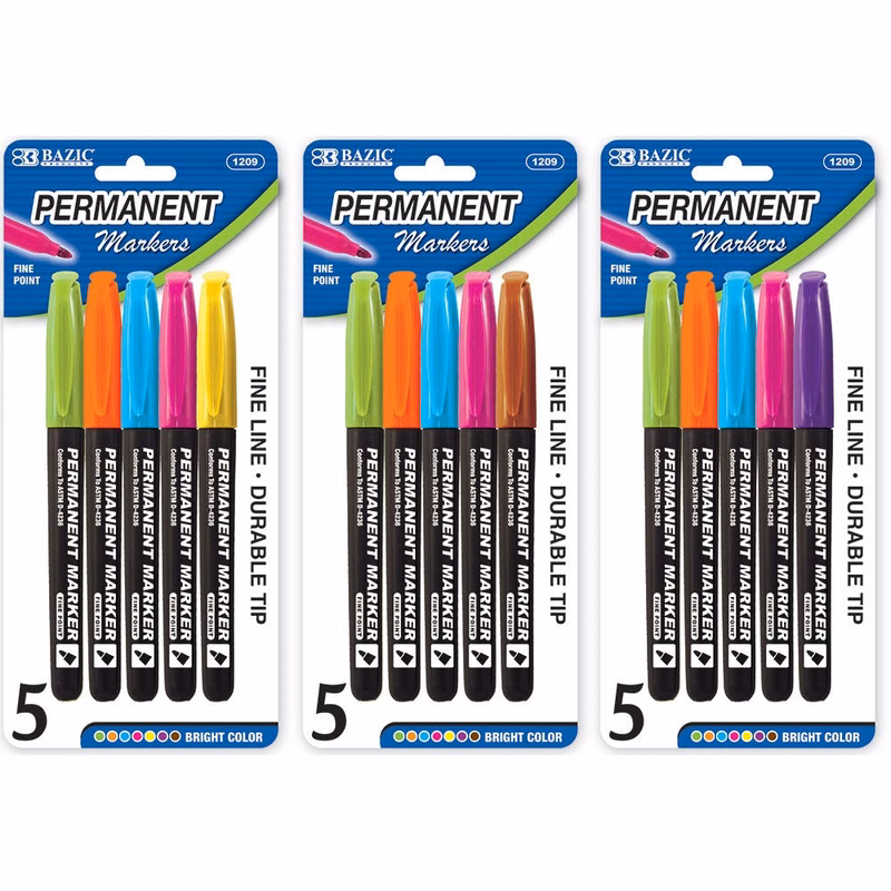 Permanent Markers - 5 Pack Fine Tip Assorted Colors