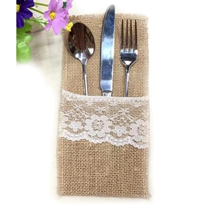 Natural Burlap Lace Cutlery Bag 1