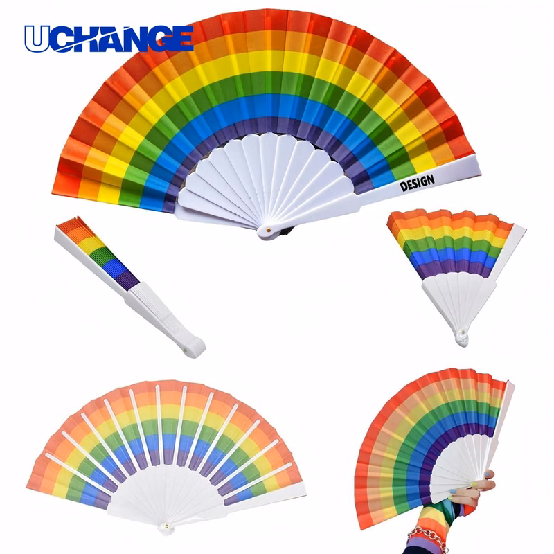 Rainbow Plastic Folding Hand Fan