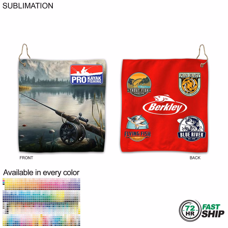 72Hr Fast Ship - Colored Microfiber Terry Fishing Towel, 10x10, Grommet & Hook, Sublimated 2 sides