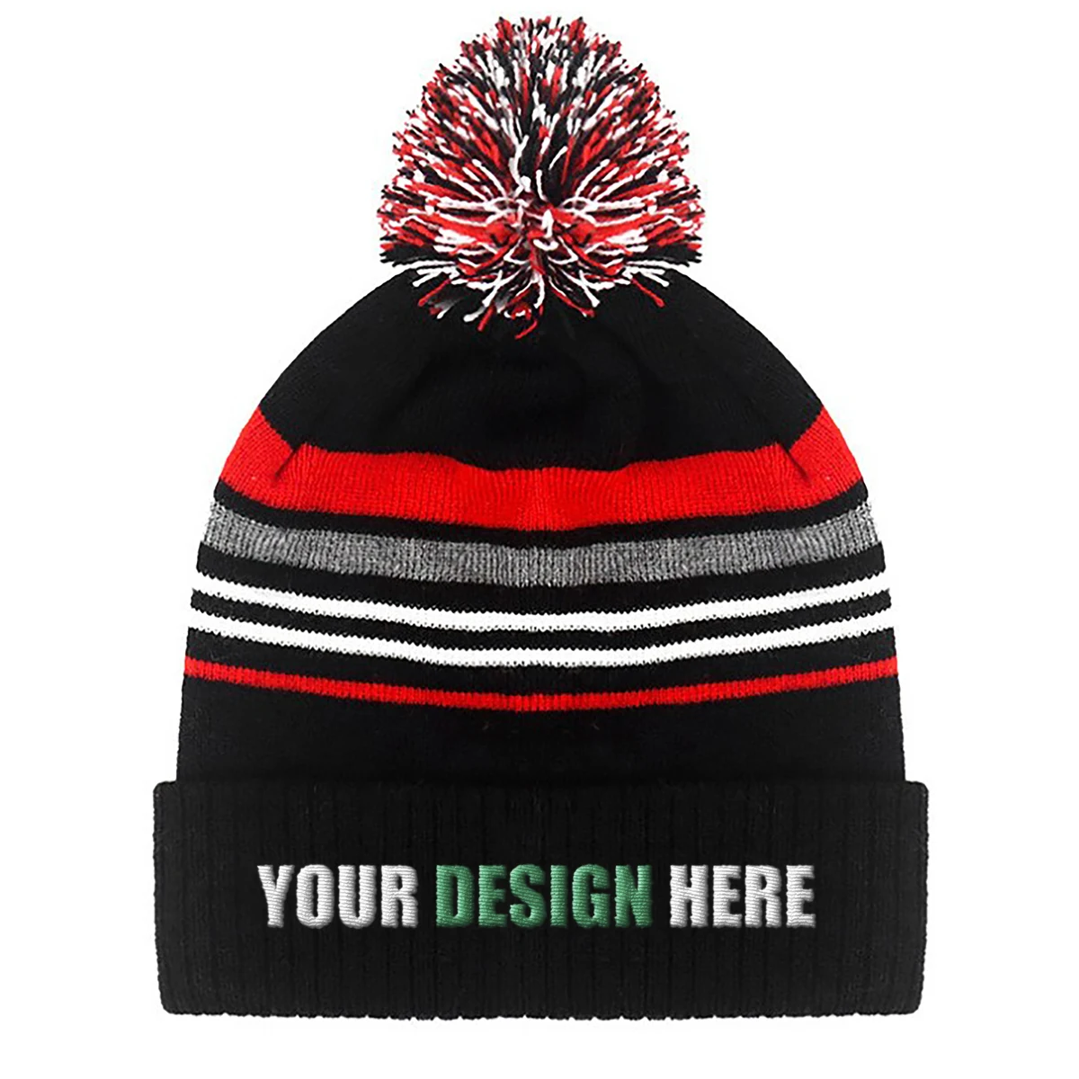 Strip Embroidered Pom Knitted Beanie 1